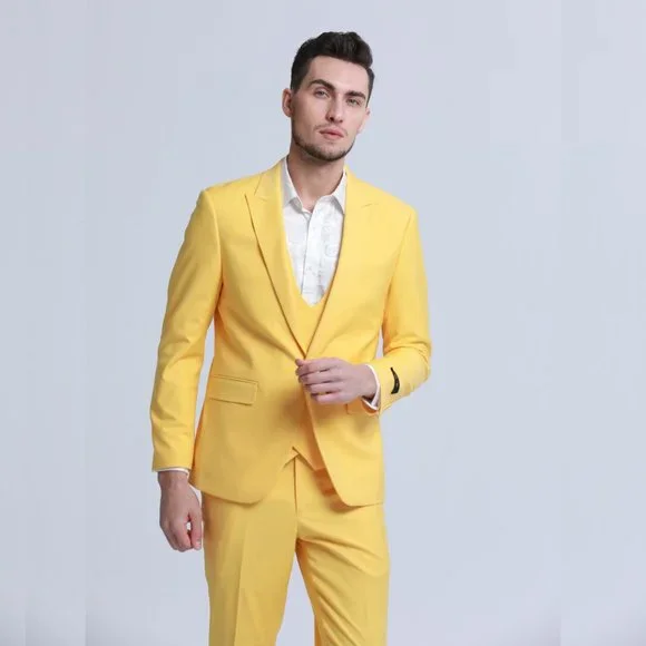 Men's Skinny-Fit 3-Piece Suit w/ Double-Breasted Vest, Yellow Canary